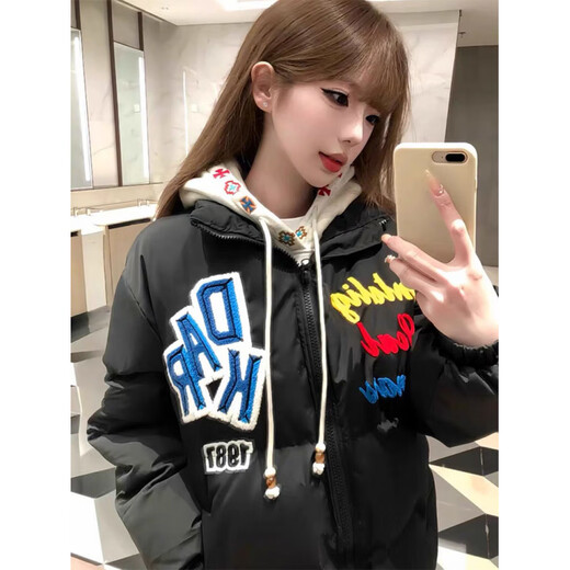 Luosenchi (LUOSENCHI) winter down jacket for men and women, national fashion, American trend, embroidered letters, loose, fashionable, thickened and warm bread coat, black main picture embroidered style, thickened and warm, non-slip cotton S