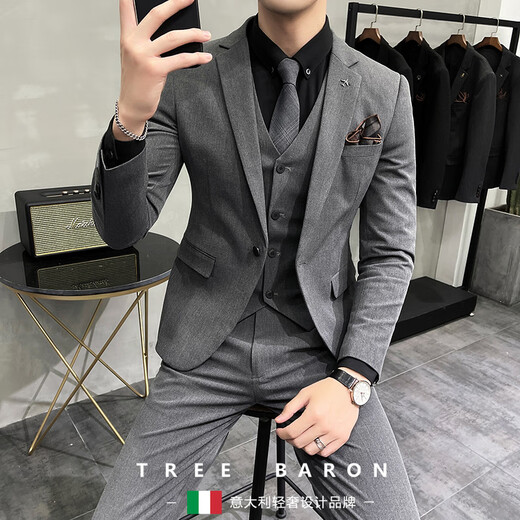 BUSYCONG轻奢品牌西服套装男士潮流韩版修身结婚礼服商务休闲西装三件套 9889#双扣黑色西装+马甲+西裤 S