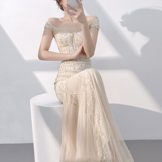 ACJK champagne color evening dress for women 2025 new style, stunning temperament, host one-shoulder fishtail sequined long dress champagne color_ready in stock L