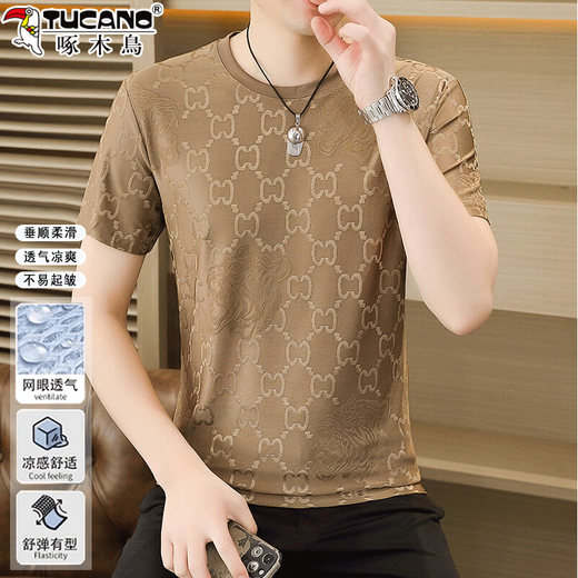 Woodpecker high-end ice silk short-sleeved T-shirt for men 2025 new summer thin T-shirt trendy men's half-sleeved top Q6629 Gray Ice Silk Style M Recommended 80-100Jin Jin is equal to 0.5 kg