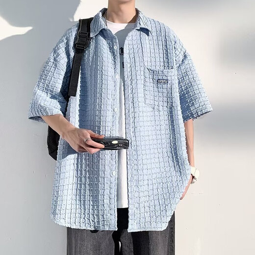 Tang Hao Solid Color Waffle Short Sleeve Shirt Men's Summer American Retro Five-Sleeve Shirt Design Niche Casual Jacket White XL