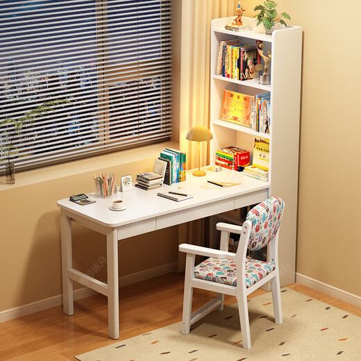 Huixun solid wood corner desk bookshelf integrated children's study table student home desk small apartment corner computer desk walnut color #desk + bookshelf 100cm*60cm*182cm total length 125cm