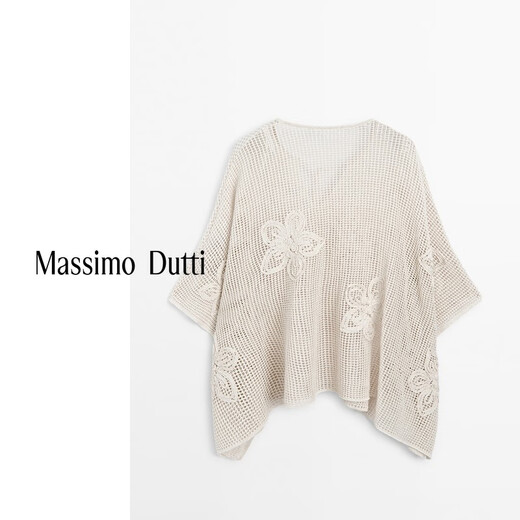 Massimo Dutti折扣升级2025女装海岛度假风刺绣镂空网眼V领针织罩衫05764716 米白色 M (170/92A)尺码偏大