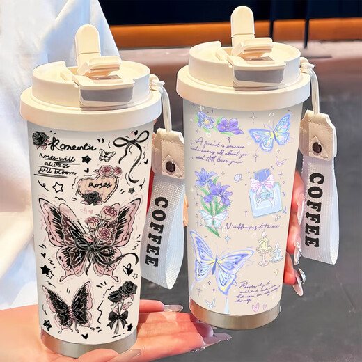 膳魔师（THERMOS）蝴蝶保温杯不锈钢便携双饮咖啡杯2025新款女吸管水杯子高颜值 BW1047银色蝴蝶+配挂绳