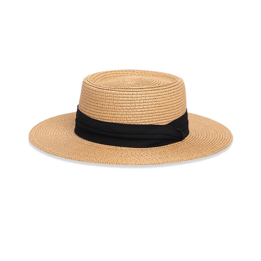 Französischer Strohhut flacher Hut Frauen Top Hut Sonnenhut Strand Urlaub Stricker Sonnenschutz Hut Khaki Schwarzer Gürtel [elegant und vielseitig]