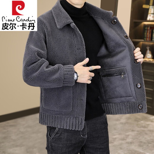 Pierre Cardin Reversible Wool Jacket Men's Autumn and Winter New Fur Jacket Men's Grain Sheep Shear Fur One-piece Men's Lapel Ribbed L 175/92A 120-135Jin Jin is equal to 0.5 kg