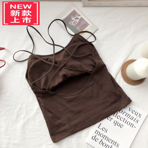 LangSha's new spring and summer women's clothing is fashionable and sexy with a silver cross-over back-wrapped chest strap and padded camisole, brown, one size fits all