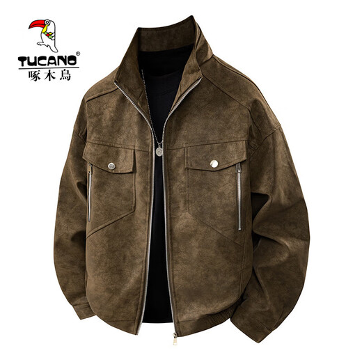 Woodpecker Jacket Men's Single Casual Jacket Trendy Slim Handsome Youth Autumn and Winter Fashion Motorcycle Leather Jacket Men's White Gray XL