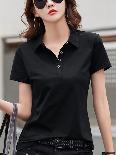 宿莱翻领短袖t恤女夏季纯棉宽松版紫色polo领纽扣宽松休闲运动半截袖 9853白色(短袖) S建议80-95斤 均码