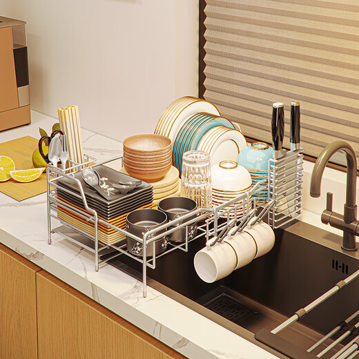 Jijian Space Kitchen Bowl Rack Drain Rack Countertop Multi-functional Pool Place Chopsticks Water Cup Storage Rack Tableware Bowl Dish Storage Rack M688 Large Double-Layer Silver Gray 58CM Full Set of Pendants