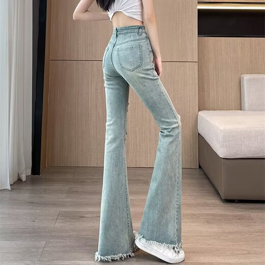 复古破洞微喇叭牛仔裤女2025秋季高腰显瘦毛边百搭开叉 靓桃花960浅蓝色 L