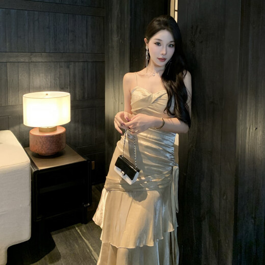 YIOU 2025 Mermaid Ruffle Temperament Adult Ceremony Suspender Dress Birthday Cocktail Dress Long Skirt 7065 Khaki S