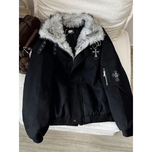 Shelley Jones Black American Retro Cross Mountain Carving Jacket Cotton Jacket Men's Winter Thickened Warm Fur Collar Cotton Jacket Black XL Recommended 120-140Jin Jin is equal to 0.5 kg