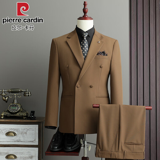 Pierre Cardin high-end double-breasted suit suit for men, groom, wedding, business casual, spring and autumn new formal suit top, brown (suit + trousers + vest) with free tie XL (suitable for 126-140 Jin Jin equals 0.5 kg)