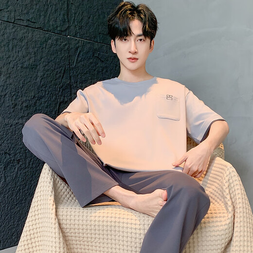Banana Cotton Pyjamas für Männer im Sommer kurzärmelige Hose 2025 Neu einfaches Feste farbige Jungen-Sensing-Heimkleidung Set 13077 Herren-L-Männerstil