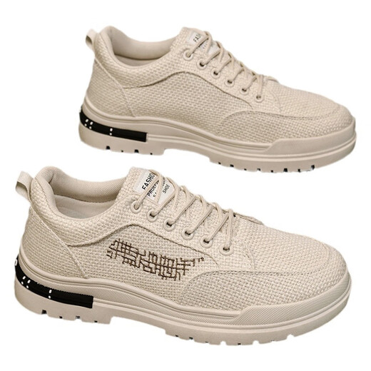 
Jingpu Fei men's shoes for spring breathable and odor-proof canvas shoes lightweight and versatile thick-soled casual sports trendy shoes CF9906 khaki 42