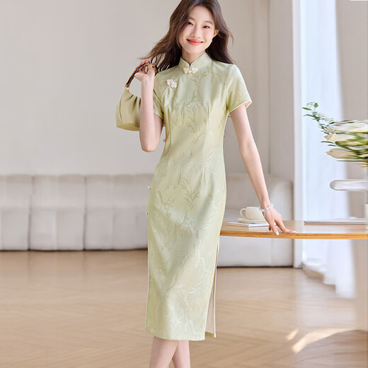 Ehangy light luxury brand dress for women 2025 summer new high-end and gentle style slim green long skirt Green M 80-90Jin [Jin equals 0.5 kg]
