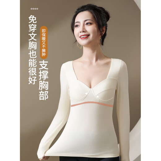 Yalu De velvet plus velvet winter thermal underwear for women with breast pads and no need to wear a bra. Thermal seamless bottoming shirt for autumn. Champagne M (80-100Jin Jin is equal to 0.5 kg)