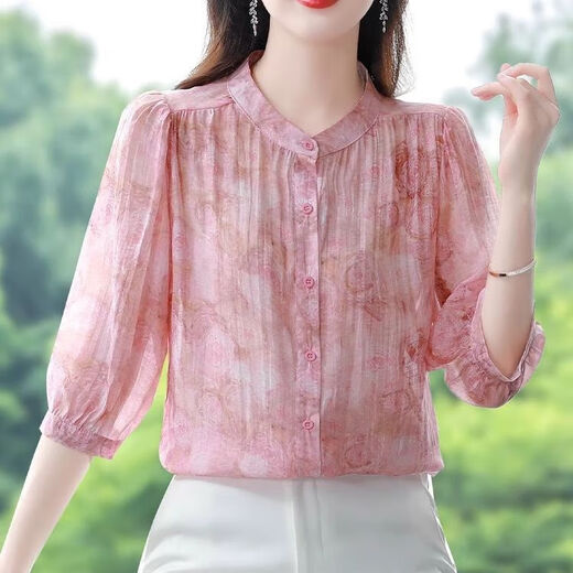 
New summer loose belly-covering temperament chiffon shirt for women with three-quarter sleeves shirt floral stand-up collar top for women Pink XL [Suggested 110-120Jin [Jin equals 0.5 kg]]
