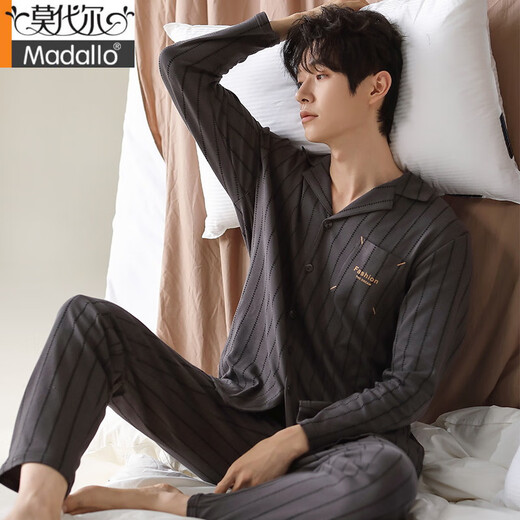 Modal Men's Pyjamas Spring and Automne Coton Pure Coton à manches longues Cardigan à grande taille Loes Loose Men's Cotton Home Vêtements à l'extérieur Porte 12213 L