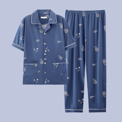 TTPMER pajamas men's summer cotton short-sleeved trousers summer cardigan thin large size student youth home wear suit G3884 blue (short-sleeved) 185 2XL recommended 140-160 Jin Jin equals 0.5 kg