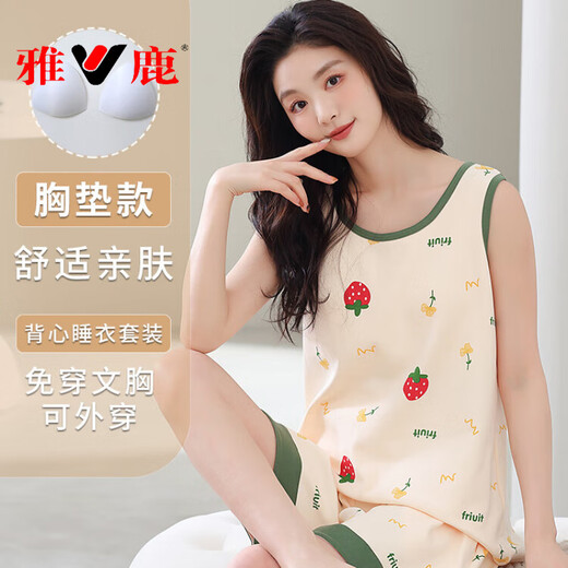 雅鹿带胸垫一体背心睡衣女夏季纯棉无袖短裤可外穿薄款家居服两件套装 F-9856 M