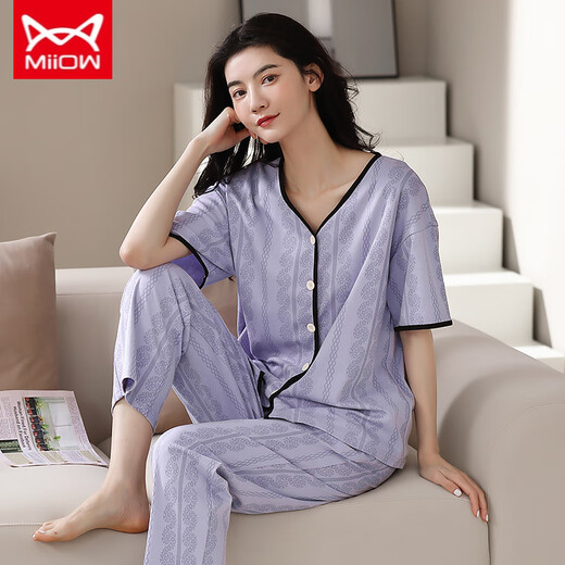 猫人 MIIOW睡衣女春夏短袖长裤开衫韩版可爱V领夏天家居服全纯棉套装 YSH-9737#开衫 M 码80-100斤