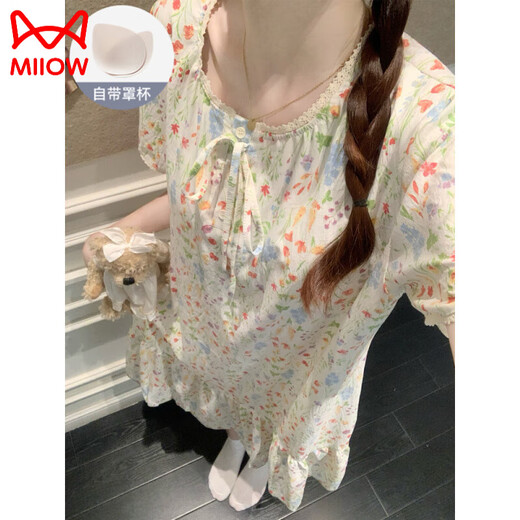 猫人（MiiOW）公主风睡衣女款夏季带胸垫彩色碎花田园风短袖睡裙2025新款家居服 16864粉花绿叶固定胸垫 2XL 175