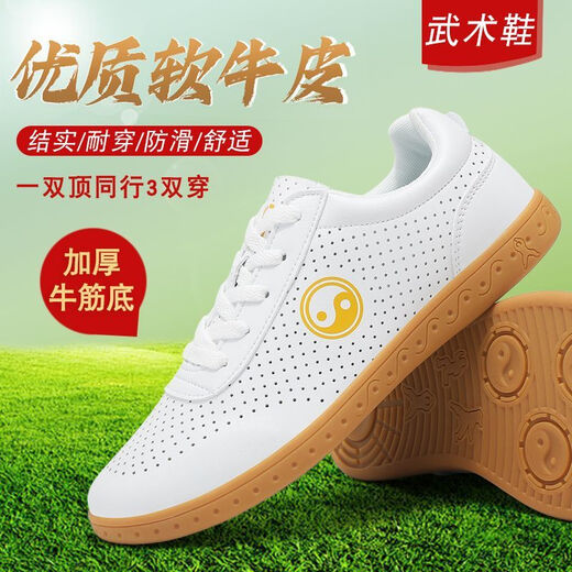 Chaussures tai-chi de qualité compétiment en cuir véritable été et femmes chaussures d'entraînement en arts martiaux Tai Chi Sports à quatre saisons huit chaussures de brocade 695 blanc authentique en cuir respirant 34 (même style pour hommes et femmes, taille standard)