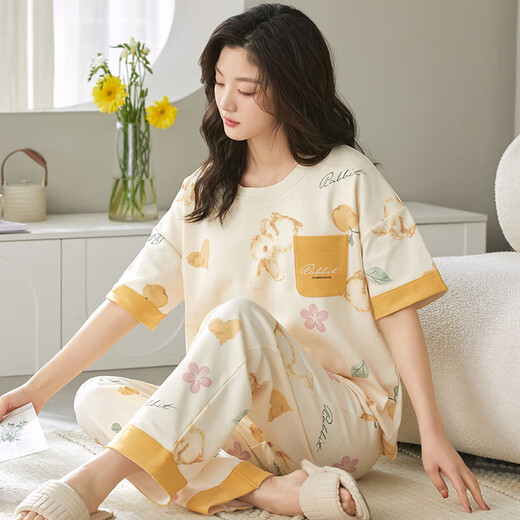 睡衣带胸垫夏季女款圆领短袖长裤家居服套装两件套 女士黄色套装 1343-20 L 女（建议105-120斤）