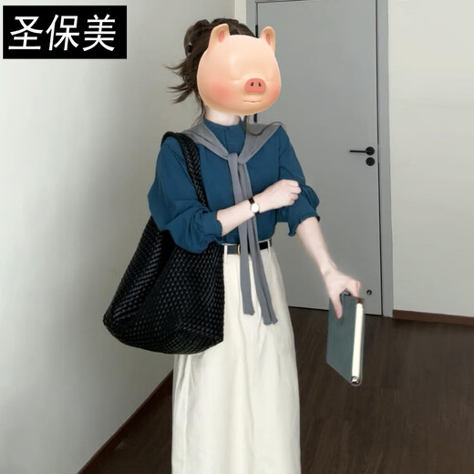 St. Paulme shirt dress 2025 autumn new high-end wear skirt women's petite two-piece suit skirt blue top + apricot skirt suit M