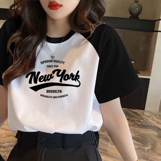 GTYUWVG黑白撞色插肩袖纯棉短袖t恤女2025新款欧货夏季宽松正肩半袖上衣 1585白色/黑色插肩款短袖粉色印 S