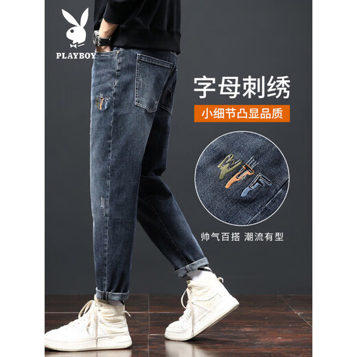 Джинсы Playboy (PLAYBOY) мужские свободные прямые летние модные бренды 2025 года, новый Guangzhou Xintang, тонкие эластичные повседневные брюки для мужчин k882, светло-голубые брюки с девятью точками, тонкие 28 рекомендаций 90-100Jin Jin равен 0,5 кг