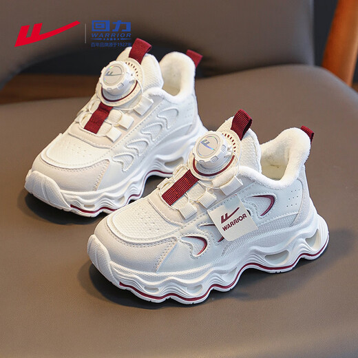 Warrior children's shoes, girls' cotton shoes, 2025 new autumn and winter, middle and large children's students' velvet shoes, thickened children's sports shoes, rice/burgundy (velvet) 38, inner length 24.7/foot length 23.7