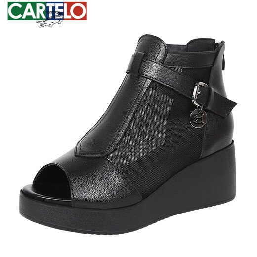 卡帝乐鳄鱼（CARTELO）2025春夏季新款真皮网纱鱼嘴鞋女松糕厚底内增高凉鞋时尚镂空凉靴 黑色粗网纱款 坡跟808 34