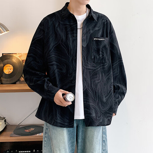 POUM tie-dye high-end long-sleeved shirt men's autumn and winter American casual shirt jacket G806 interstellar black 3XL