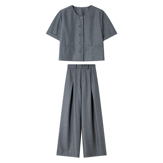 Vanciman Fashion Set Women's Summer New Strickan Top Wide Legs Casual Hosen Zwei-teilige High-End-Grau-L.