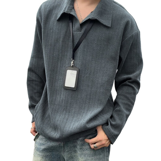 NYING wheat ear pattern long-sleeved polo shirt for men 25 autumn and winter new American fashion brand casual long-sleeved t-shirt large size loose dark gray XL (130-150Jin Jin equals 0.5 kg)