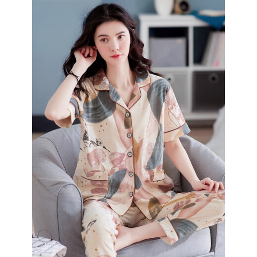 浪莎（LangSha）2025年新款睡衣女士夏季短袖长裤妈妈大码家居服夏天薄款可外穿 Q9928 M [建议80-105斤]
