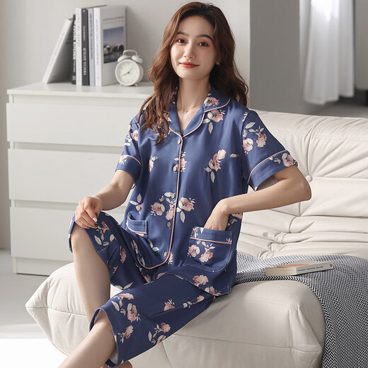 Langsha Pajamas para mujeres en el algodón de verano Nuevo solapa de cárdigan de gran tamaño de manga corta se adapta a la ropa de hogar casual suelta NX9898 M Mujeres