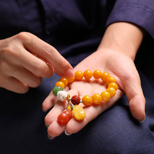 ADRIUS luxury high-end beeswax bracelet for women, yellow single circle DIY bracelet, amber small Pixiu beads 11mm, beeswax beads about 11mm, 13 pieces