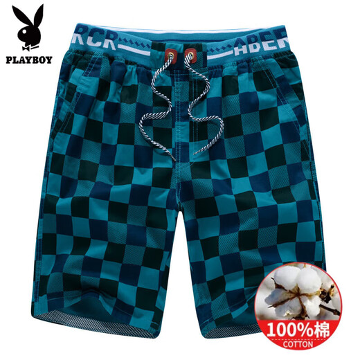 Playboy pure cotton shorts men's summer loose five-point pants Korean style sports and casual cotton men's beach pants big shorts large size khaki plaid 688 XL 112-125Jin [Jin equals 0.5 kg]