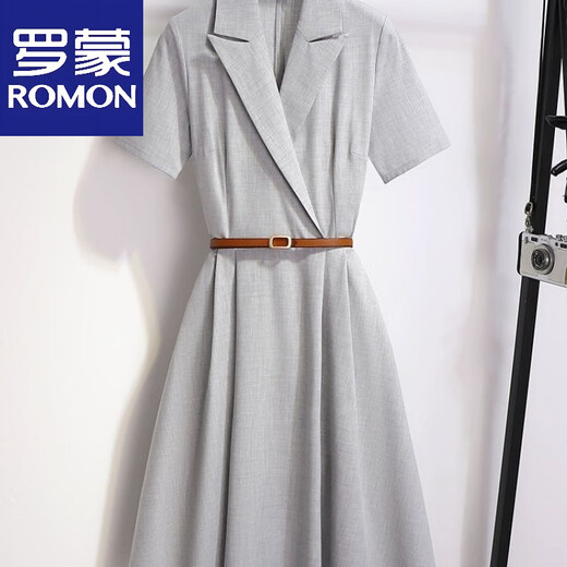 罗蒙（ROMON）通勤正式西装连衣裙夏季2025新款职业收腰气质短袖裙子 灰色 S