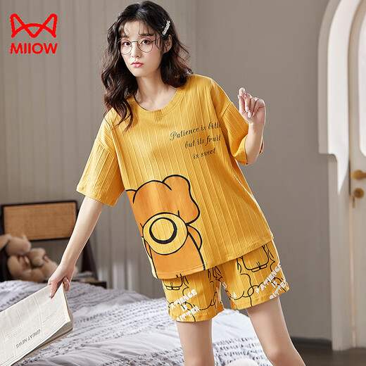 Cat Man Pajamas for Women in Summer Pure Cotton Lindo estilo universitario de estilo universitario de estilo corto de manga corta de dos piezas que se puede usar ropa de casa fuera de GXT-6630 L (recomendado 95-110Jin [Jin es igual a 0,5 kg])