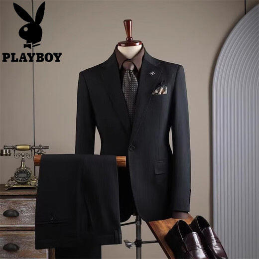Playboy 2025 winter new suit suit men's high-end business formal striped suit three-piece groom's wedding dress elegant black three-piece suit 2XL 54