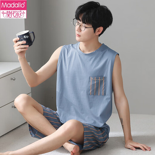 莫代尔睡衣男士夏季莫代尔凉感无袖背心家居服男款学生夏天薄款冰丝套装 12027 XL