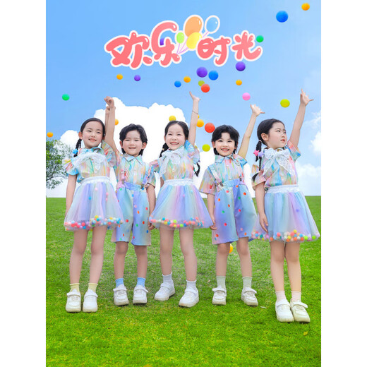 丰灵鸟儿童表演服装六一幼儿园炫彩衬衫背带裤蓬蓬裙舞蹈服啦啦队演出服 2套装831D彩色短袖衬衫+827D3D彩 100