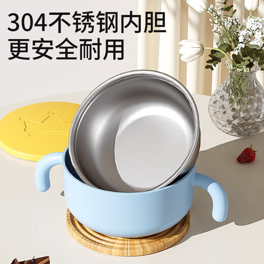 
Baby supplementary food bowl for babies special for young children eating out tableware stainless steel anti-fall and anti-scalding complementary food insulation bowl water wave blue