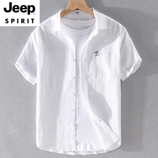 JEEP SPIRIT男士亚麻翻领短袖t恤宽松衬衫领上衣服有带领T棉麻料体恤麻布夏装 yunyi-9711白色 4XL 185斤左右