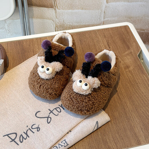 G.duck little yellow duck children's shoes winter new style girls' Birkenstock plus velvet warm cotton shoes boys' cute furry cartoon beige 21 / inner length 13.9cm